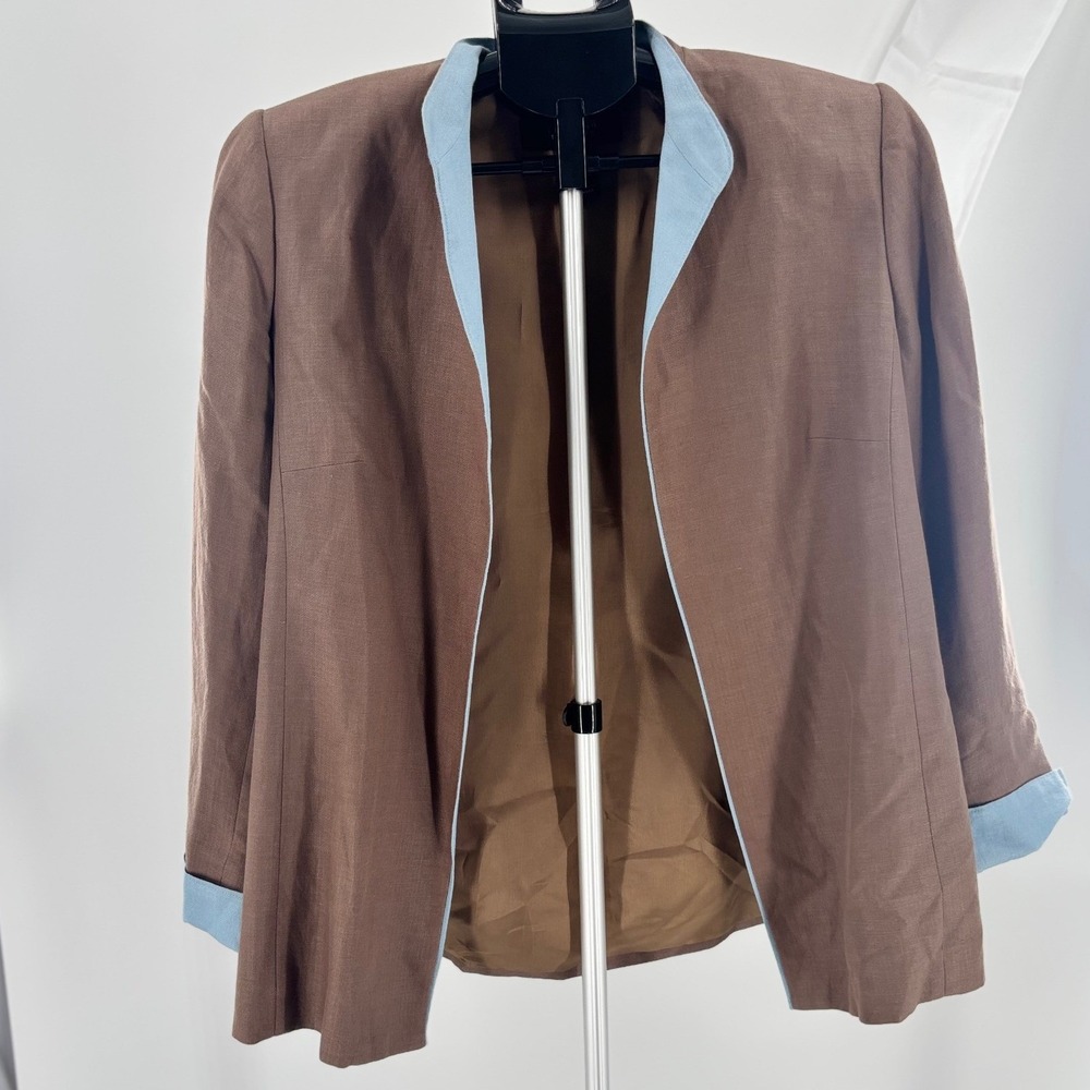 Parisian Signature Petite Brown Linen Blend  Blazer Blue Trim Womens 10P vintage